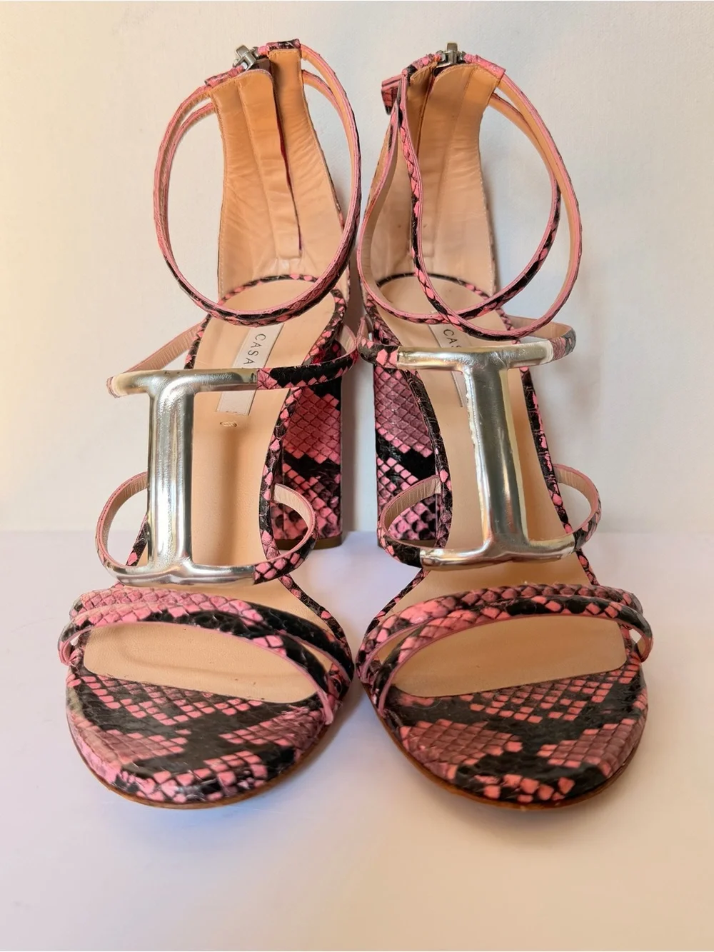 Casadei Pink Snake Print Leather T-Bar Sandals Block Heel US 7.5 EU 37.5
